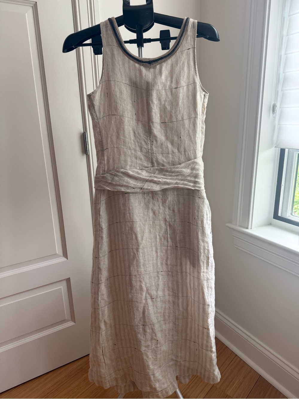 Sleeveless Natural Linen Midi Dress in Beige